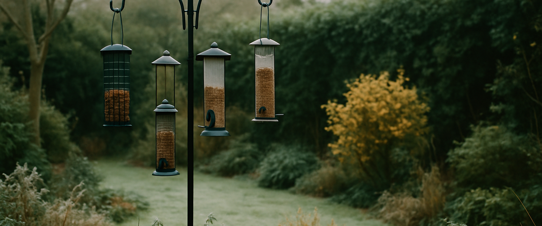 Bird feeding station with hanging seed feeders in a frosty British garden