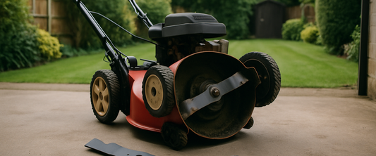 Lawn mower ready for a blade change with new blade and spanner laid out