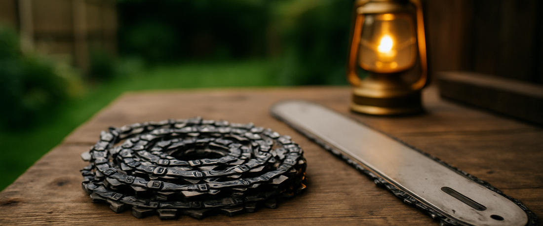 Chainsaw chain coiled on a workbench — pitch, gauge and drive link guide