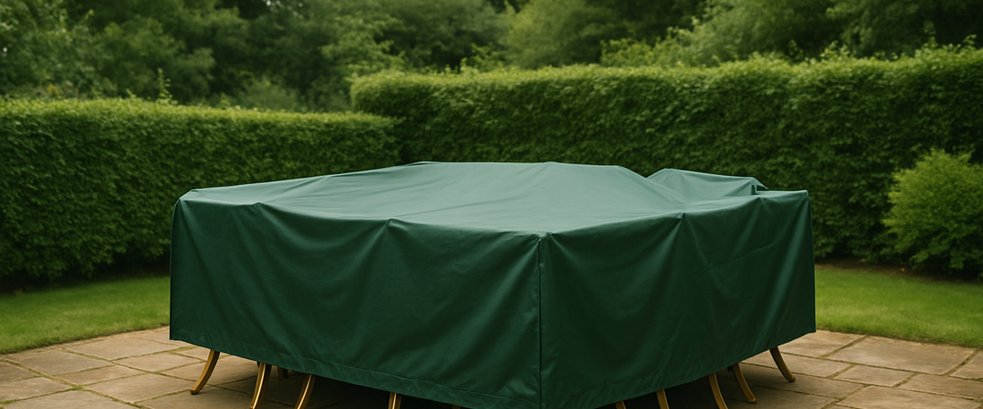 Garden furniture set under a fitted waterproof cover — measuring guide