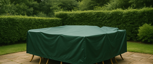 Garden furniture set under a fitted waterproof cover — measuring guide