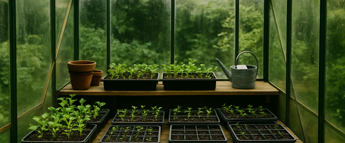 Seed trays and young seedlings on greenhouse staging — seed starting guide