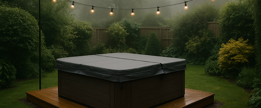 Covered hot tub on a garden deck in winter mist — winter care guide