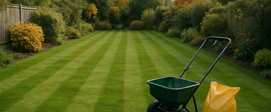 Striped British lawn with a spreader ready for autumn feeding