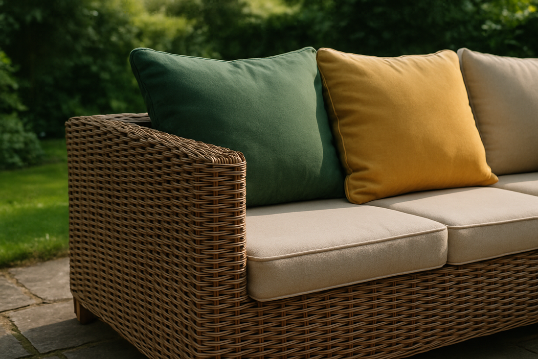 Close-up of woven synthetic rattan garden sofa with cushions