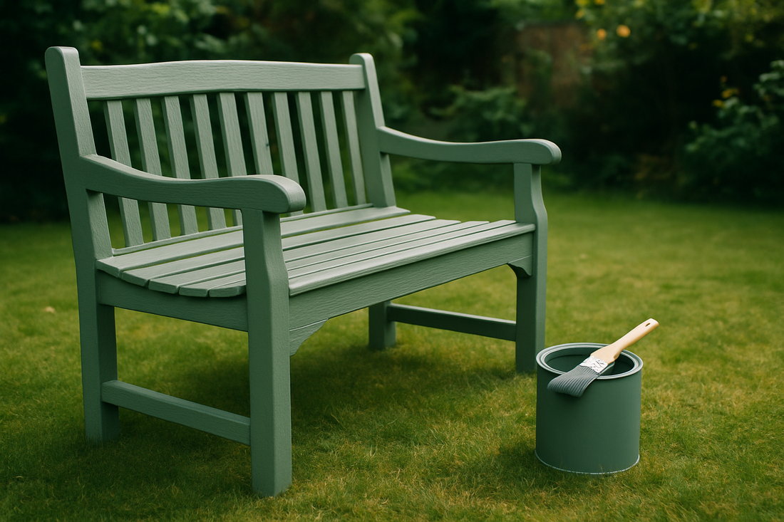 Weathered wooden garden bench freshly repainted in sage green
