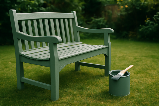 Weathered wooden garden bench freshly repainted in sage green
