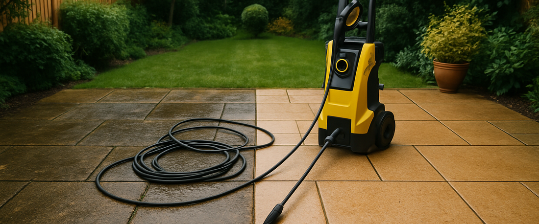 Pressure washer and coiled hose on patio slabs — hose and fitting guide