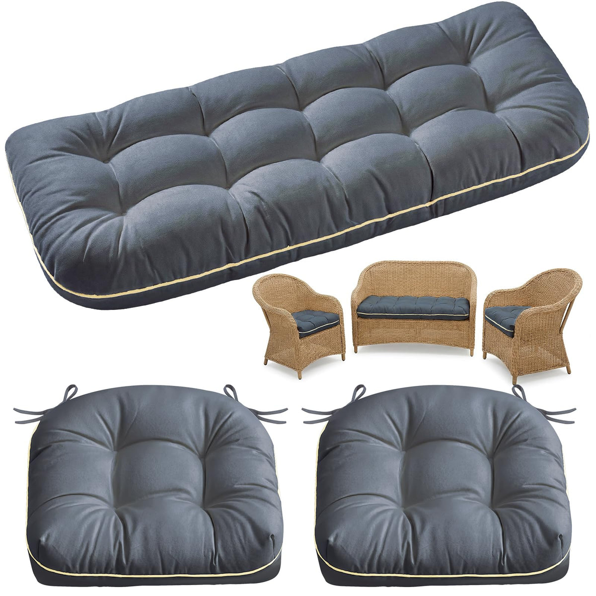 1 MIDDLE ONE front view showing grey loveseat cushion, improves patio seating comfort