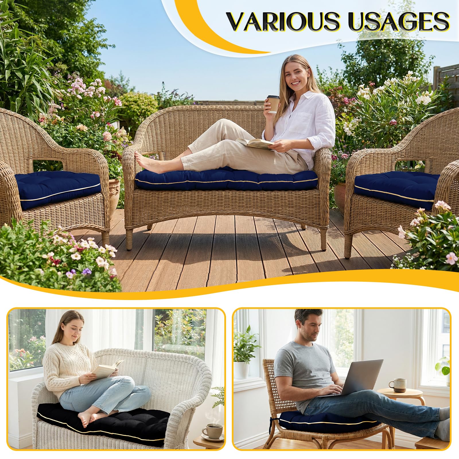 1 MIDDLE ONE cushions arranged on patio to show coordinated outdoor style