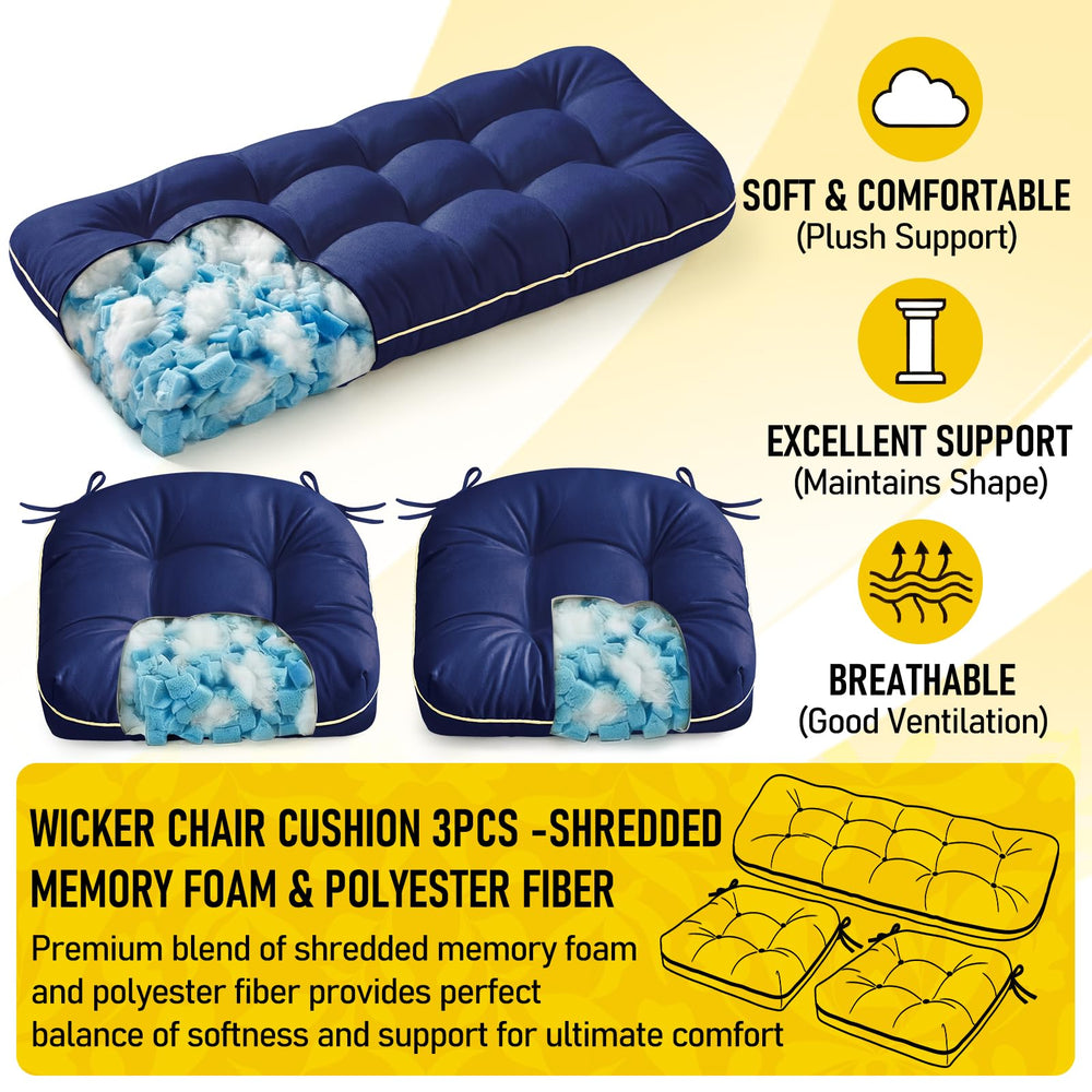 1 MIDDLE ONE loveseat cushion placed on wicker sofa providing comfortable seating
