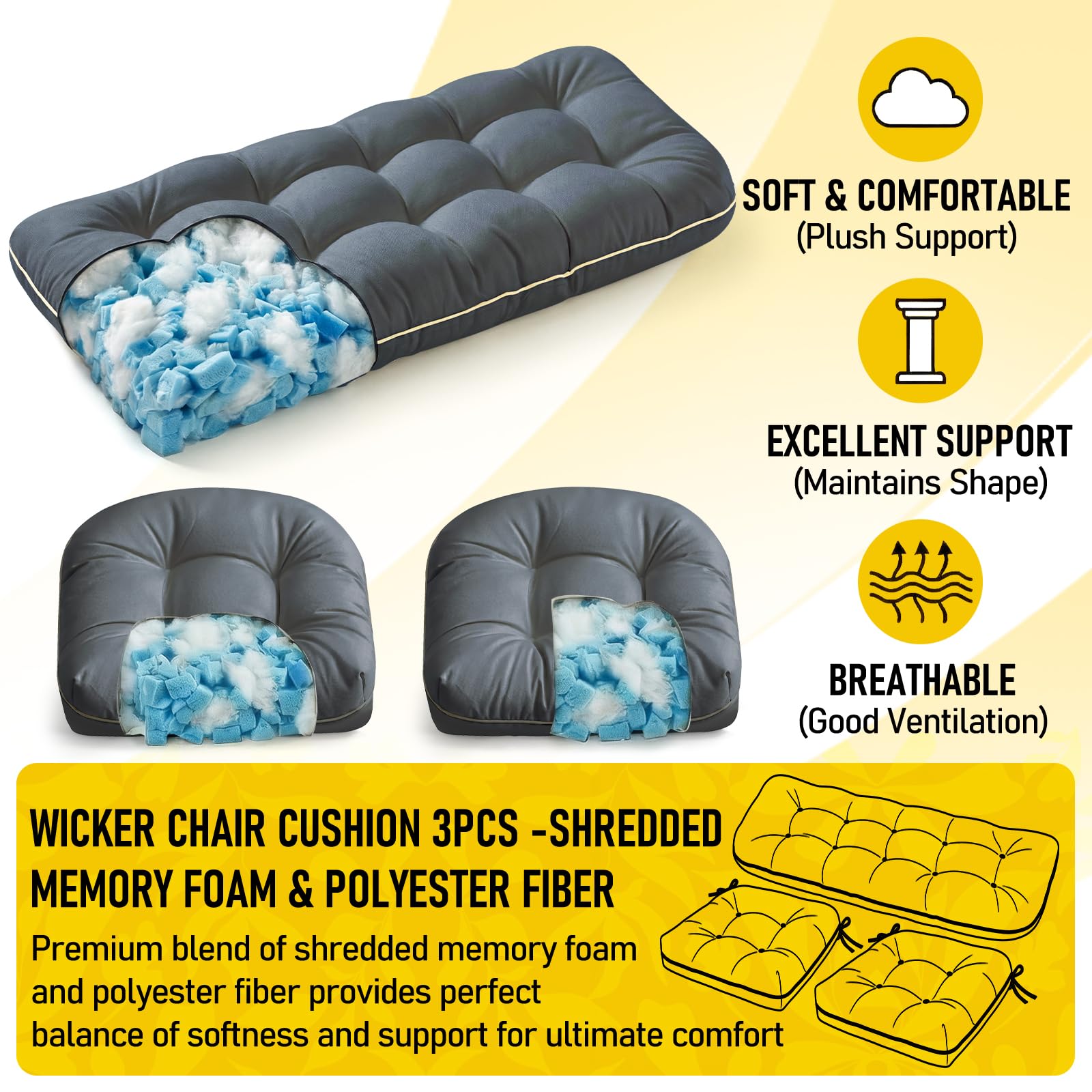 1 MIDDLE ONE loveseat cushion placed on wicker sofa, adds immediate seating comfort