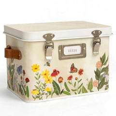 1Canoe2 tin seed box front view showing botanical print and label plate for easy identification