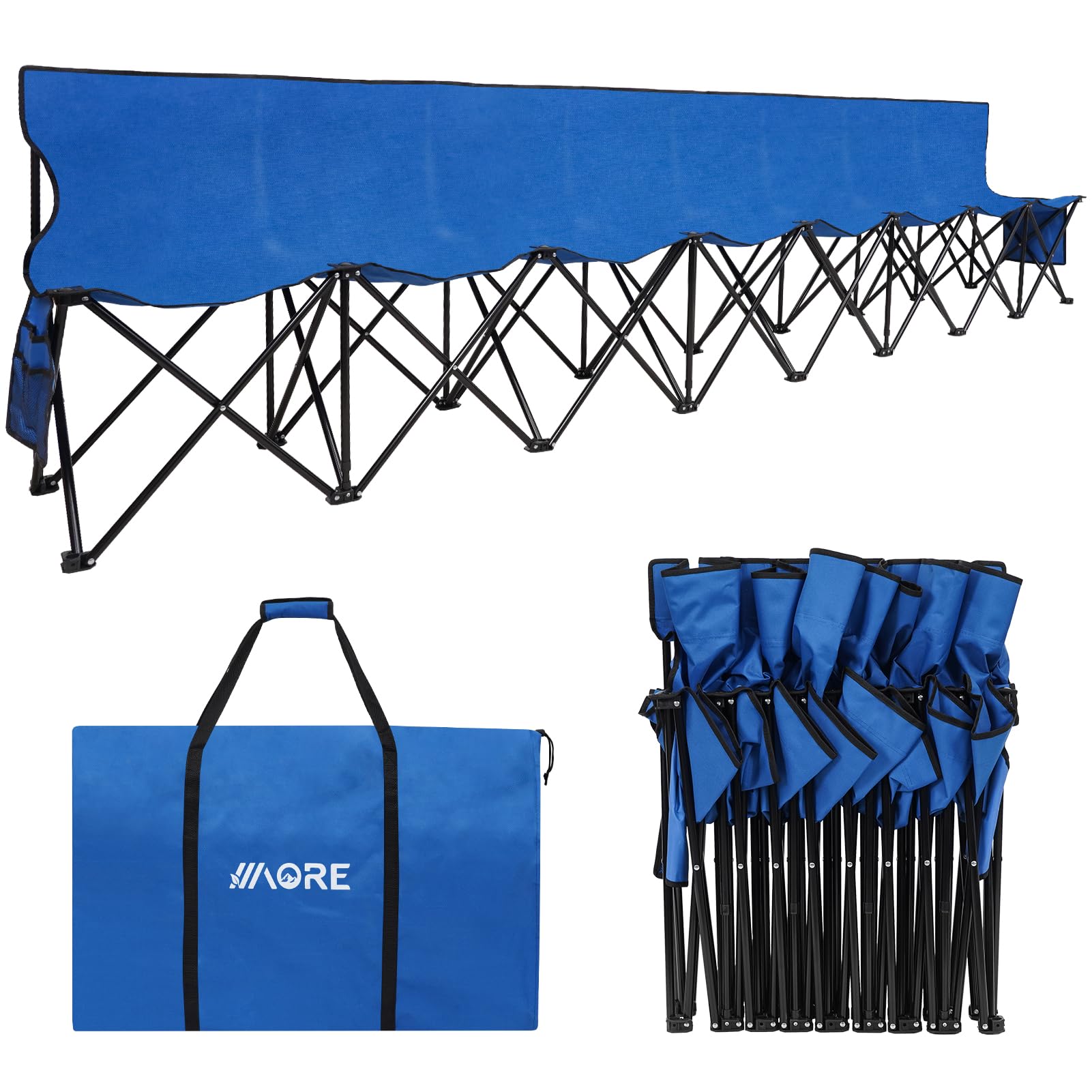 1MORE bench front view showing blue fabric and backrests for comfortable seating