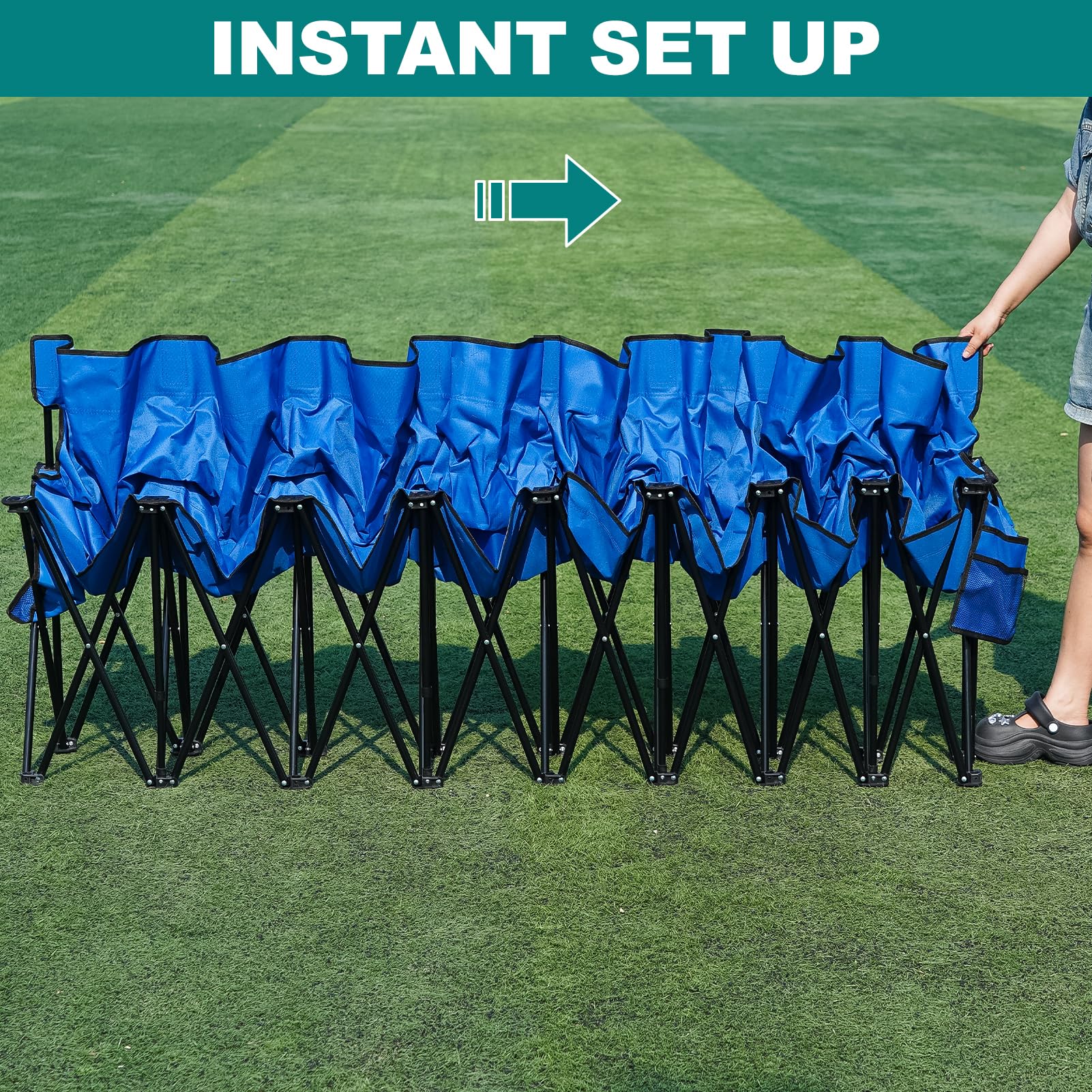 1MORE bench at a tailgate demonstrating portable seating and quick setup