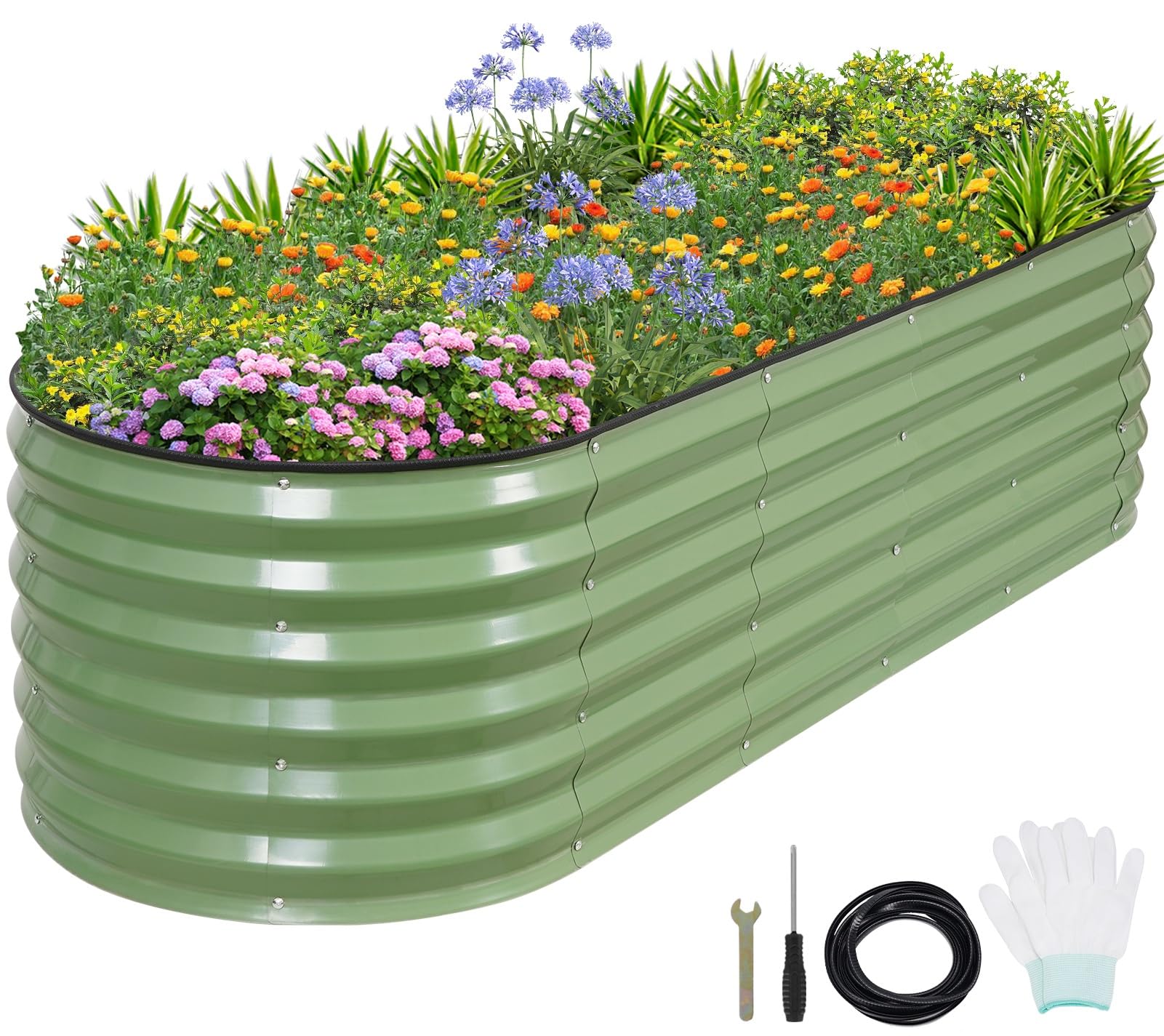 1MORE front view of 6x2x1.4ft raised bed showing sturdy olive green finish and benefit of durability