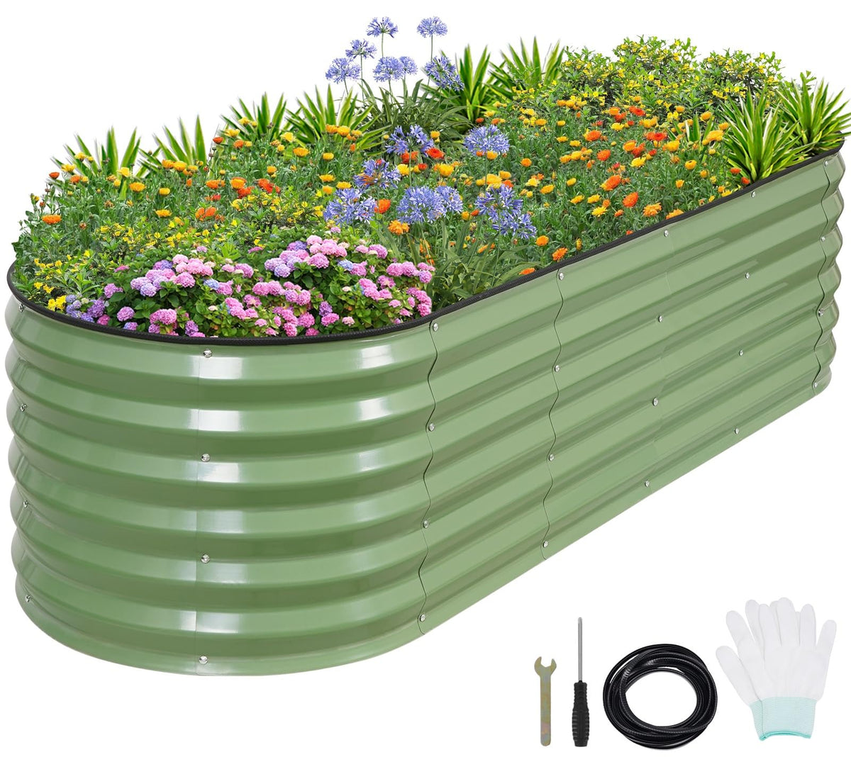 1MORE front view of 6x2x1.4ft raised bed showing sturdy olive green finish and benefit of durability
