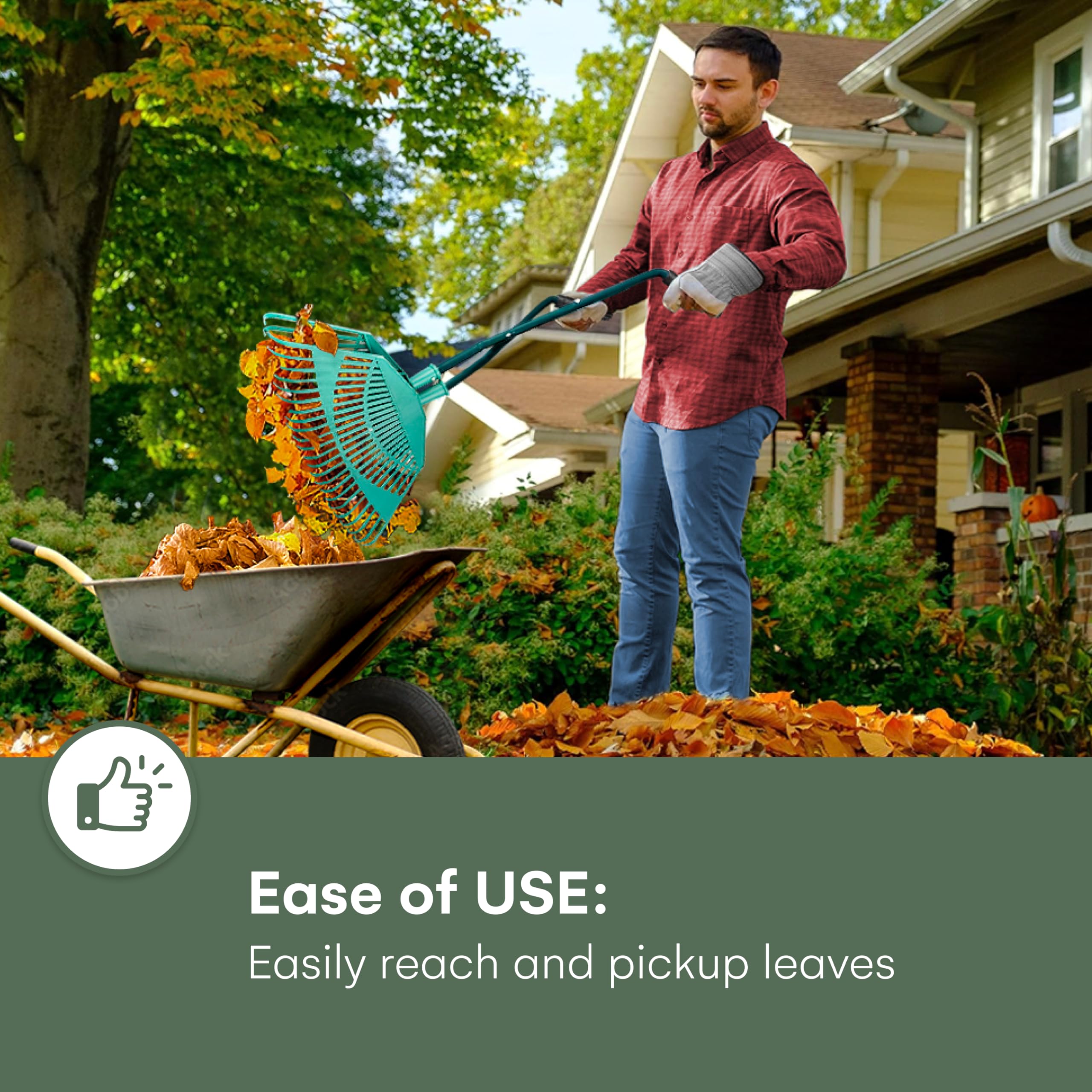 2WAYZ in-use scooping leaves to speed yard cleanup and reduce bending