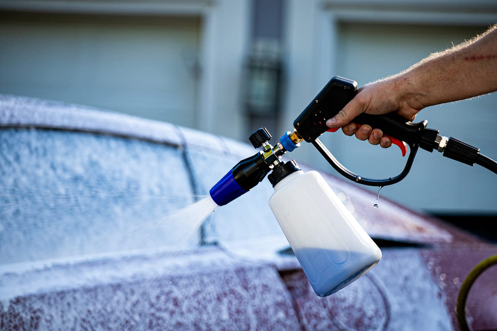 303 Products foam cannon attached to pressure washer showing proper scale and compatibility