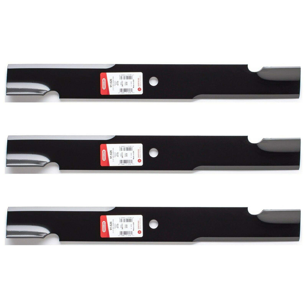 3PK Oregon blades front view showing three new OEM blades and fitment clarity