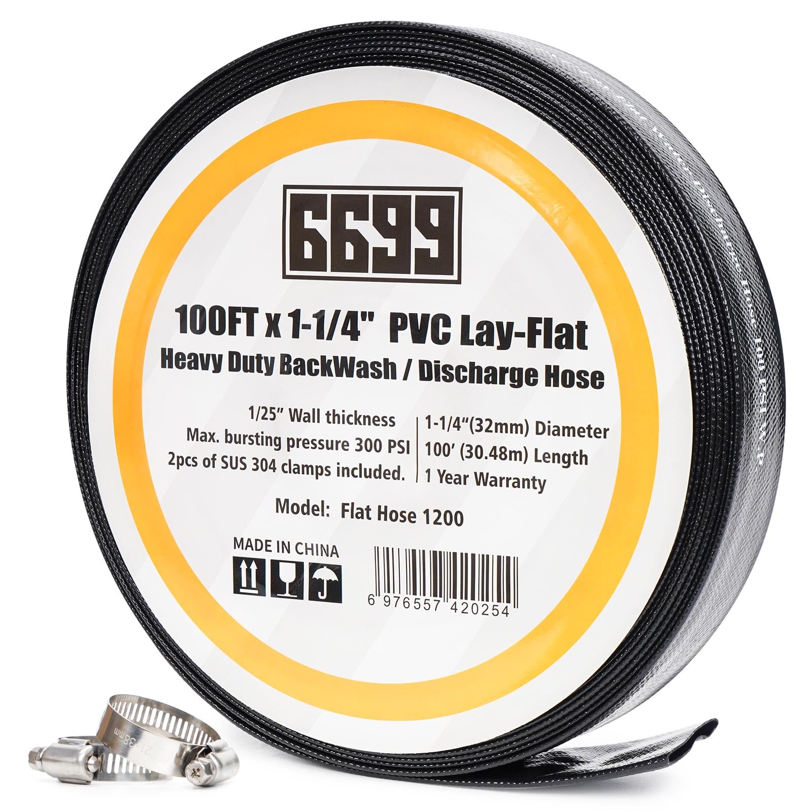 6699 front view of coiled 1-1/4 inch hose showing length and label for easy selection