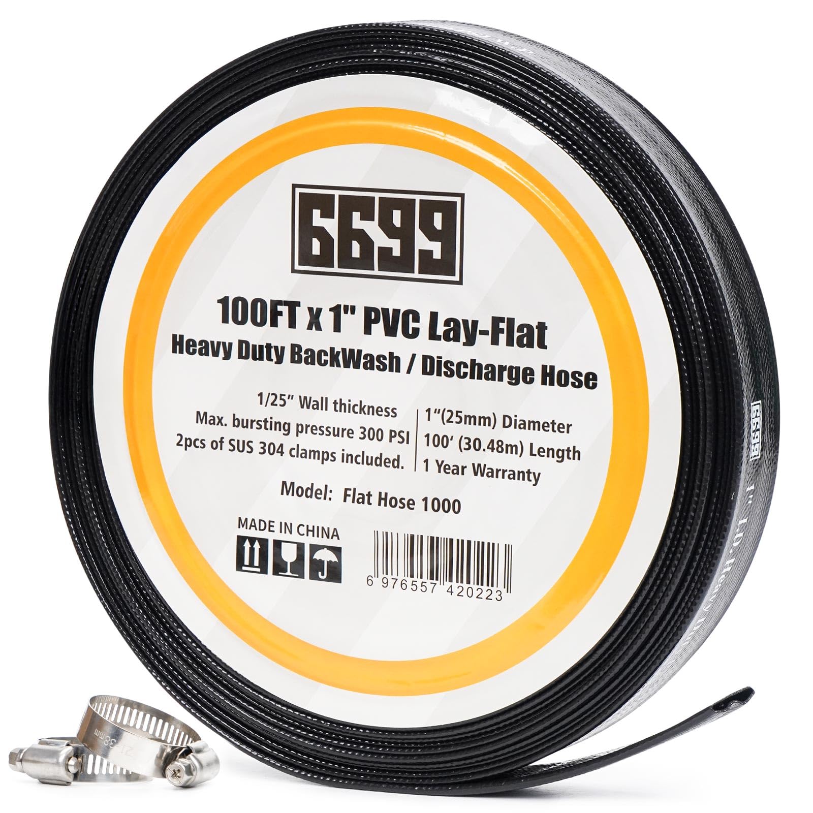 6699 discharge hose front packaging shows full 100ft length and included clamps benefit portability