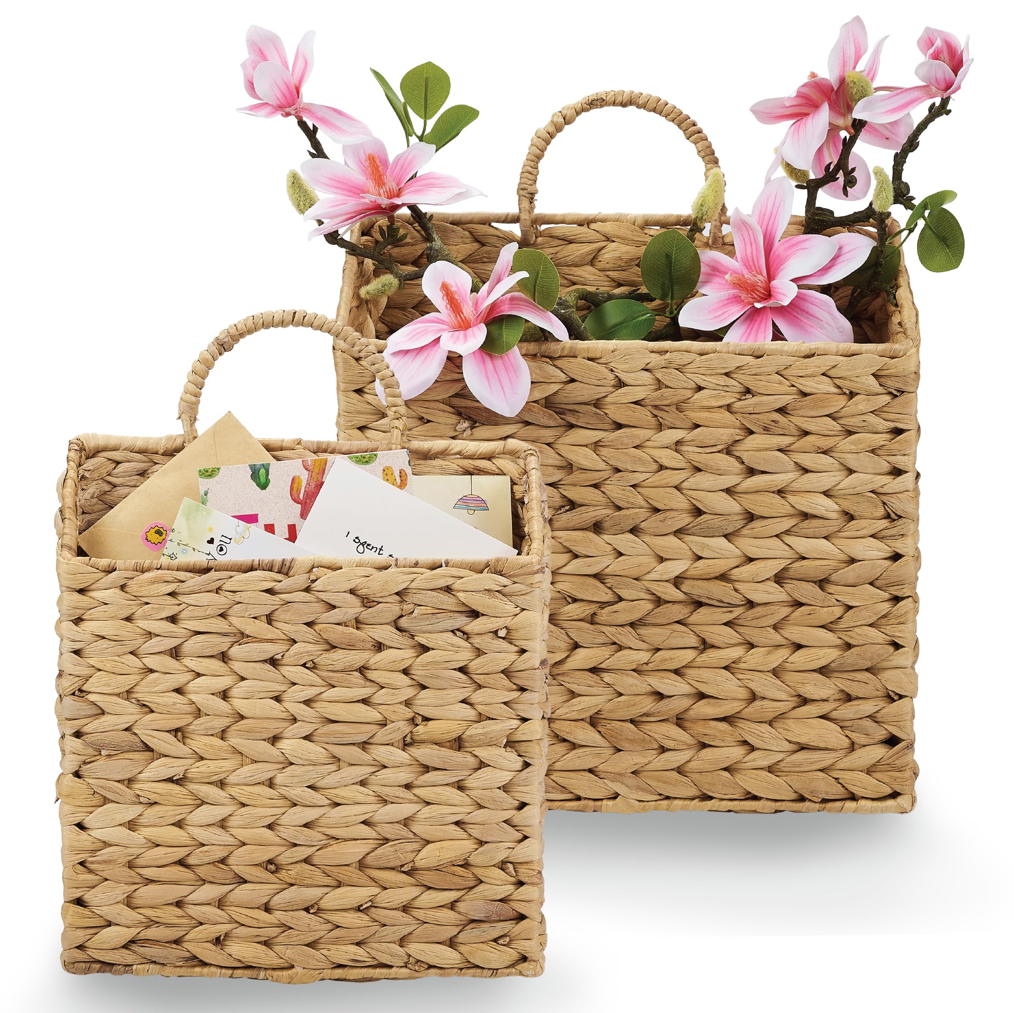 84ECO front view of two hanging wicker baskets showing organized storage