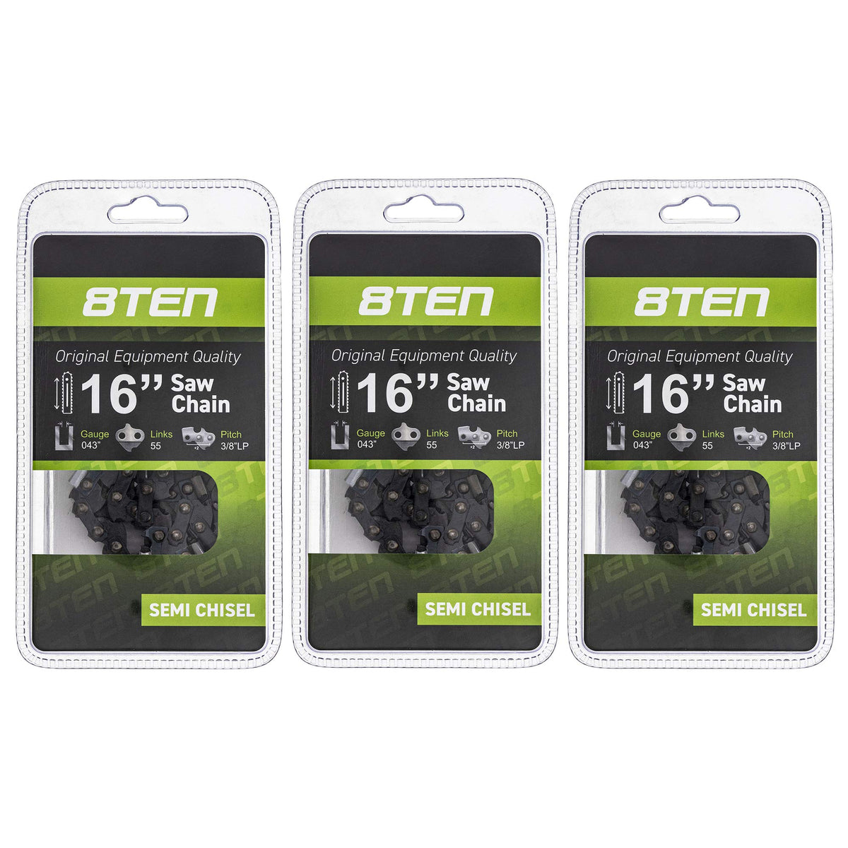 8TEN front-packaging showing three 16-inch chains, clear replacement identification and convenience