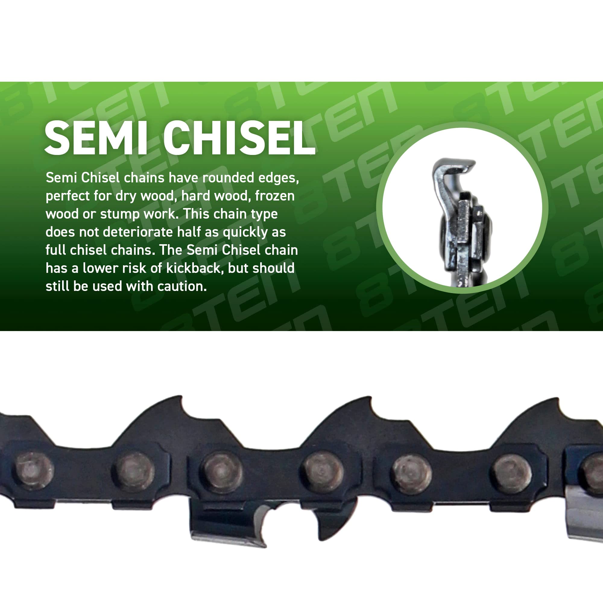 8TEN chain beside ruler for scale, confirming 3/8" pitch and 55 drive link compatibility