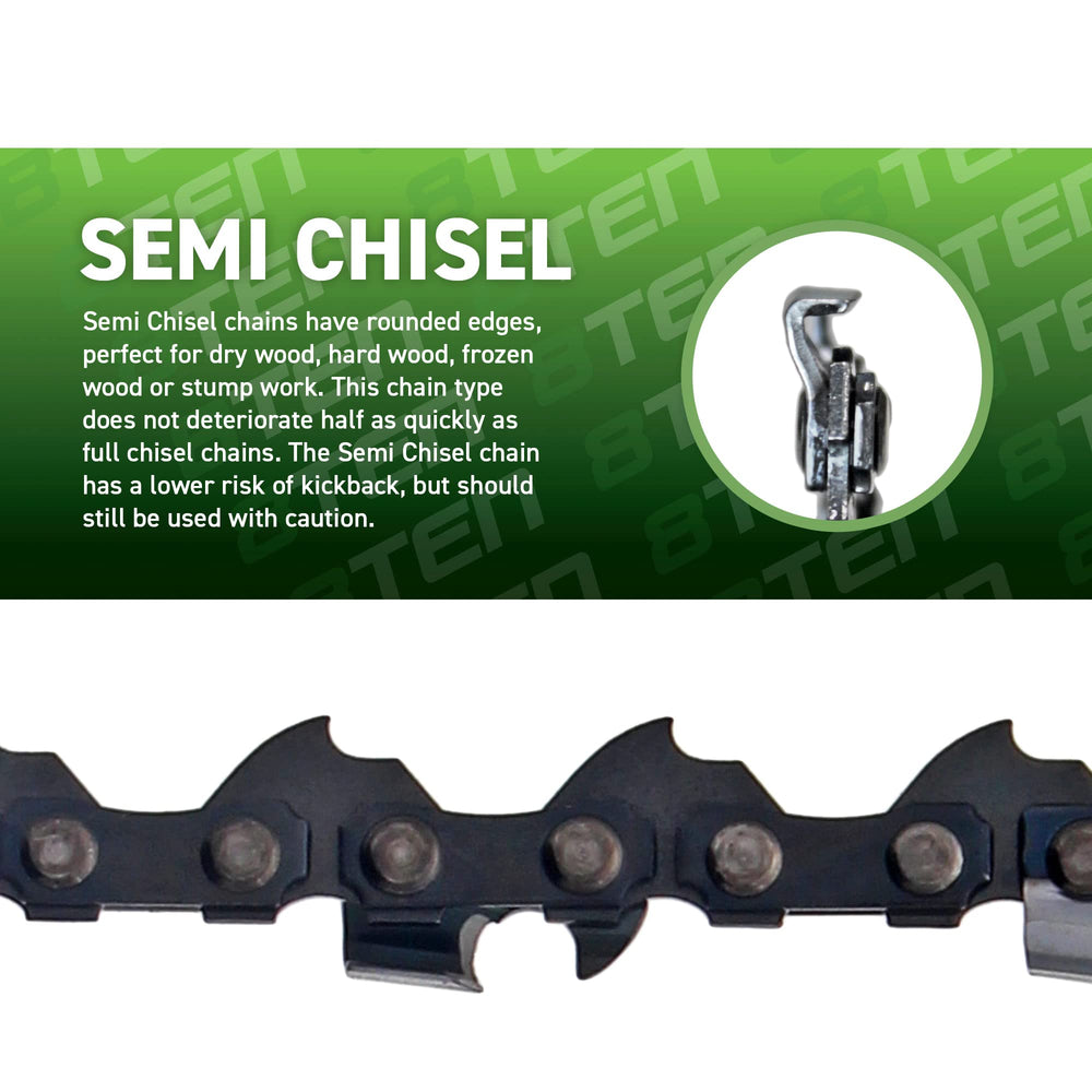 8TEN chain beside ruler for scale, confirming 3/8" pitch and 55 drive link compatibility