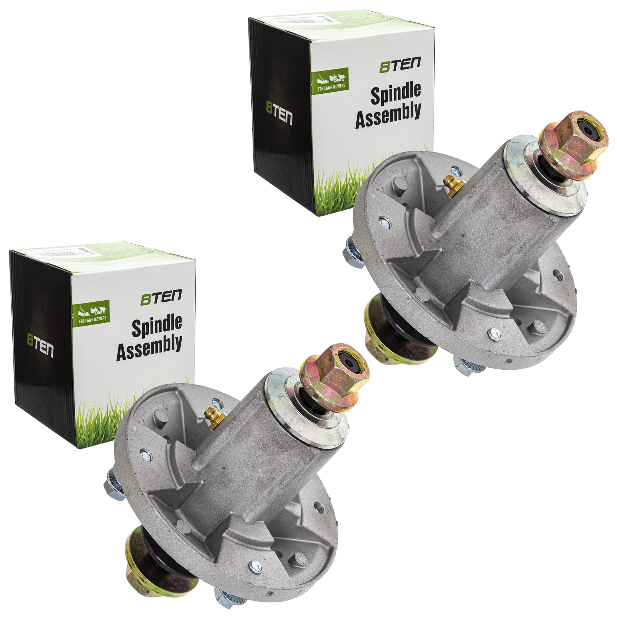 8TEN deck spindle front view showing mounting pattern and hardware benefit: accurate OEM fit