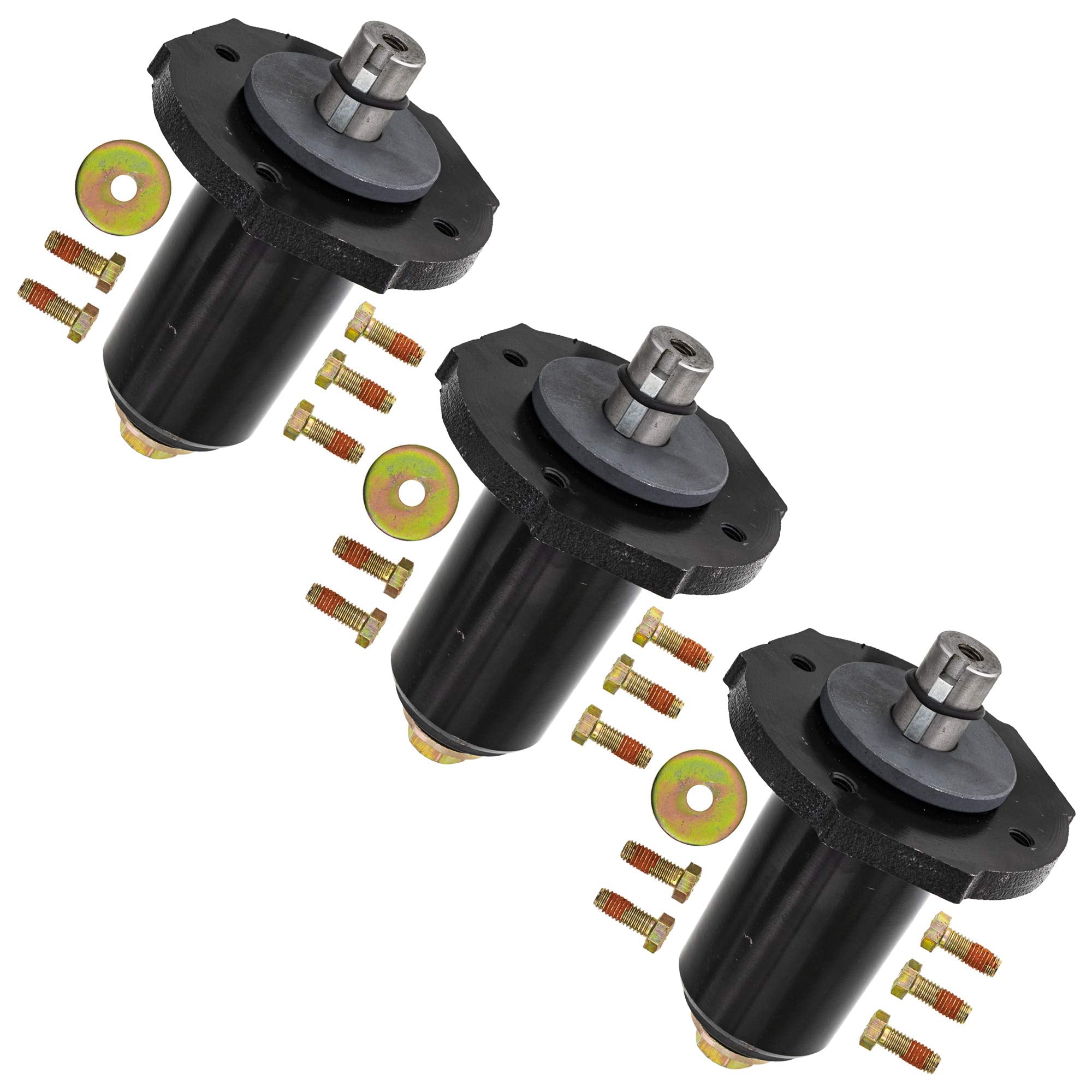 8TEN deck spindle front view showing mounting flange and secure fit benefit