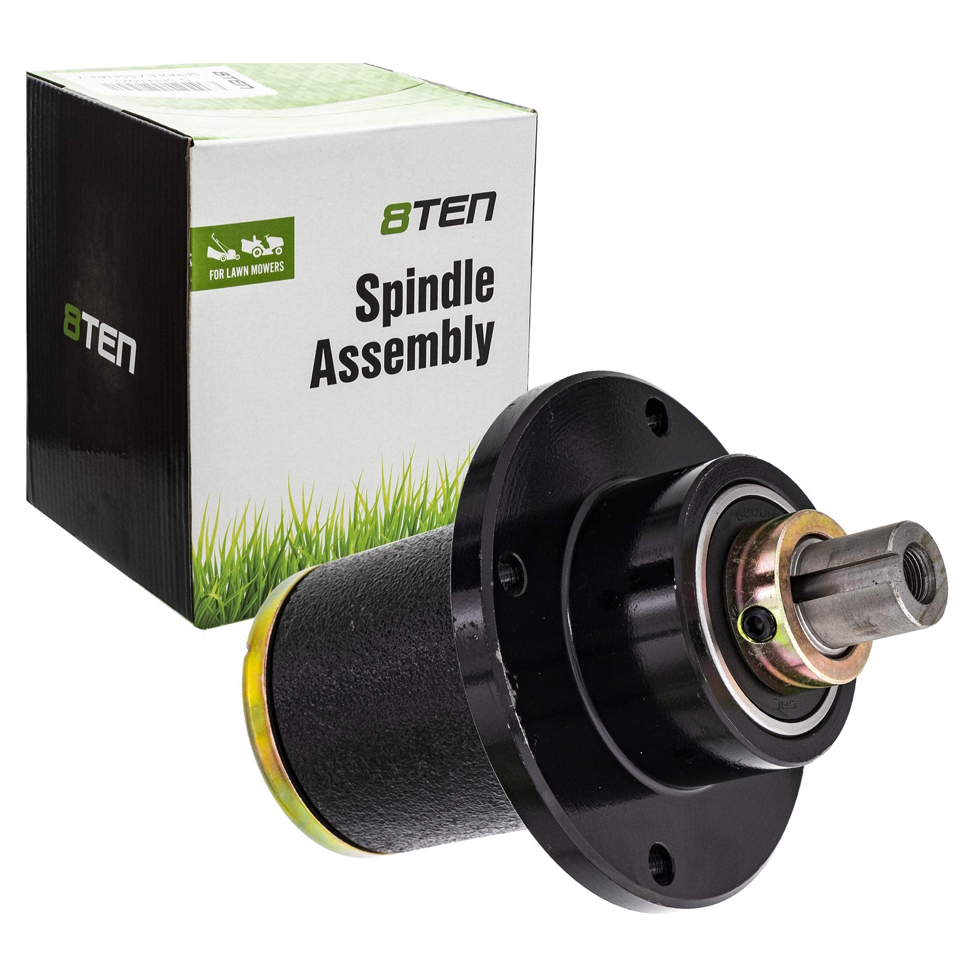 8TEN deck spindle front view showing mounting points and fit for easy replacement
