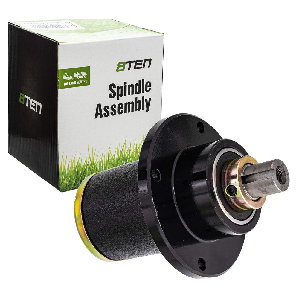 8TEN deck spindle front view showing mounting points and fit for easy replacement