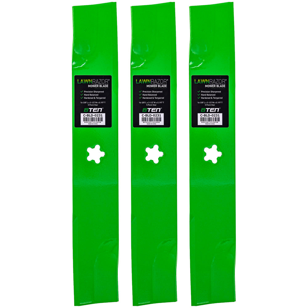 8TEN front view of three high-lift blades showing fit and finish for reliable cutting