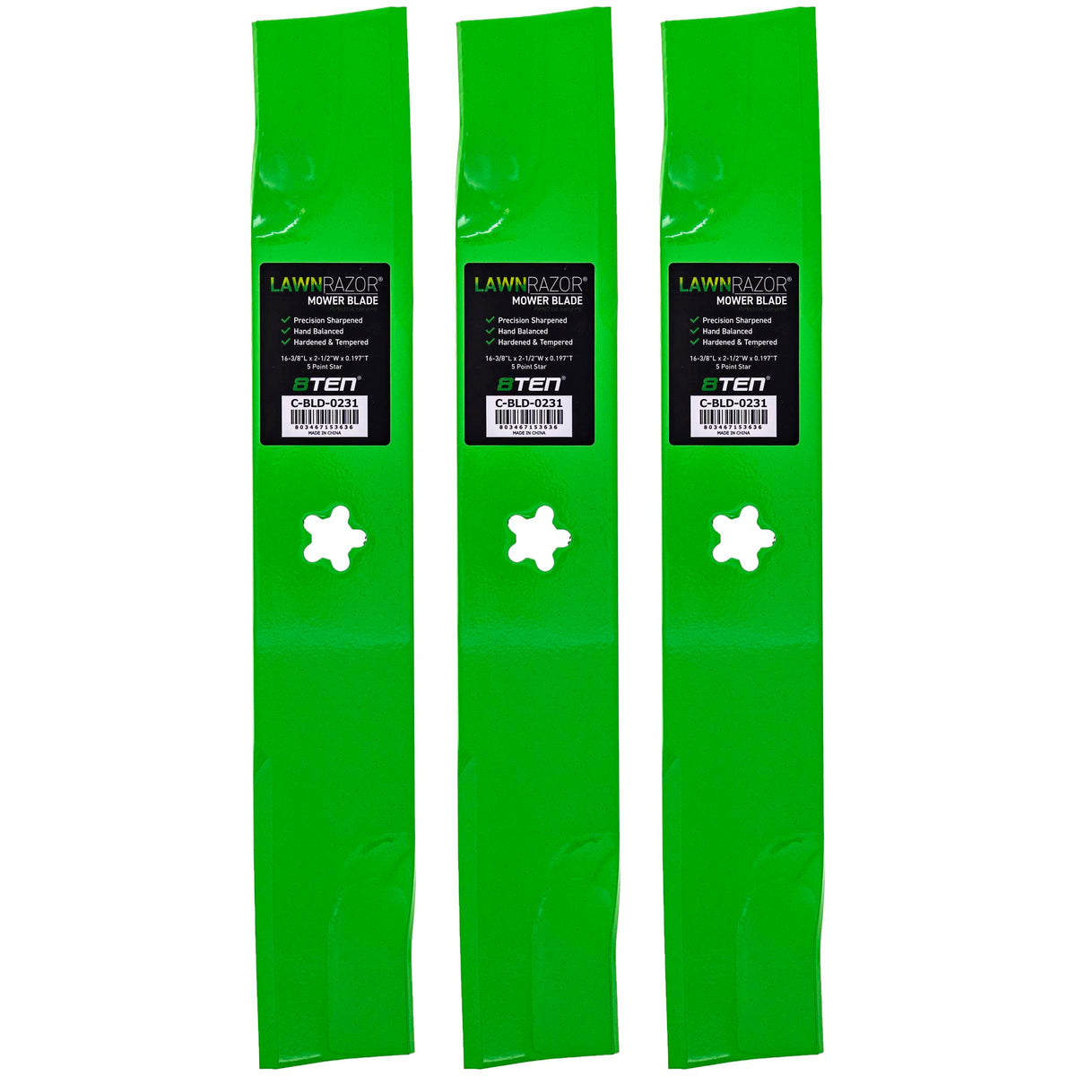 8TEN front view of three high-lift blades showing fit and finish for reliable cutting