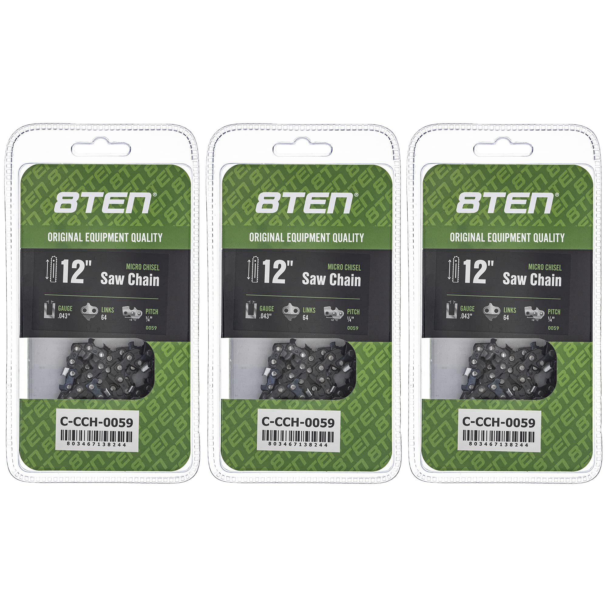 8TEN front packaging showing three 12-inch chains and product label for quick identification and convenience