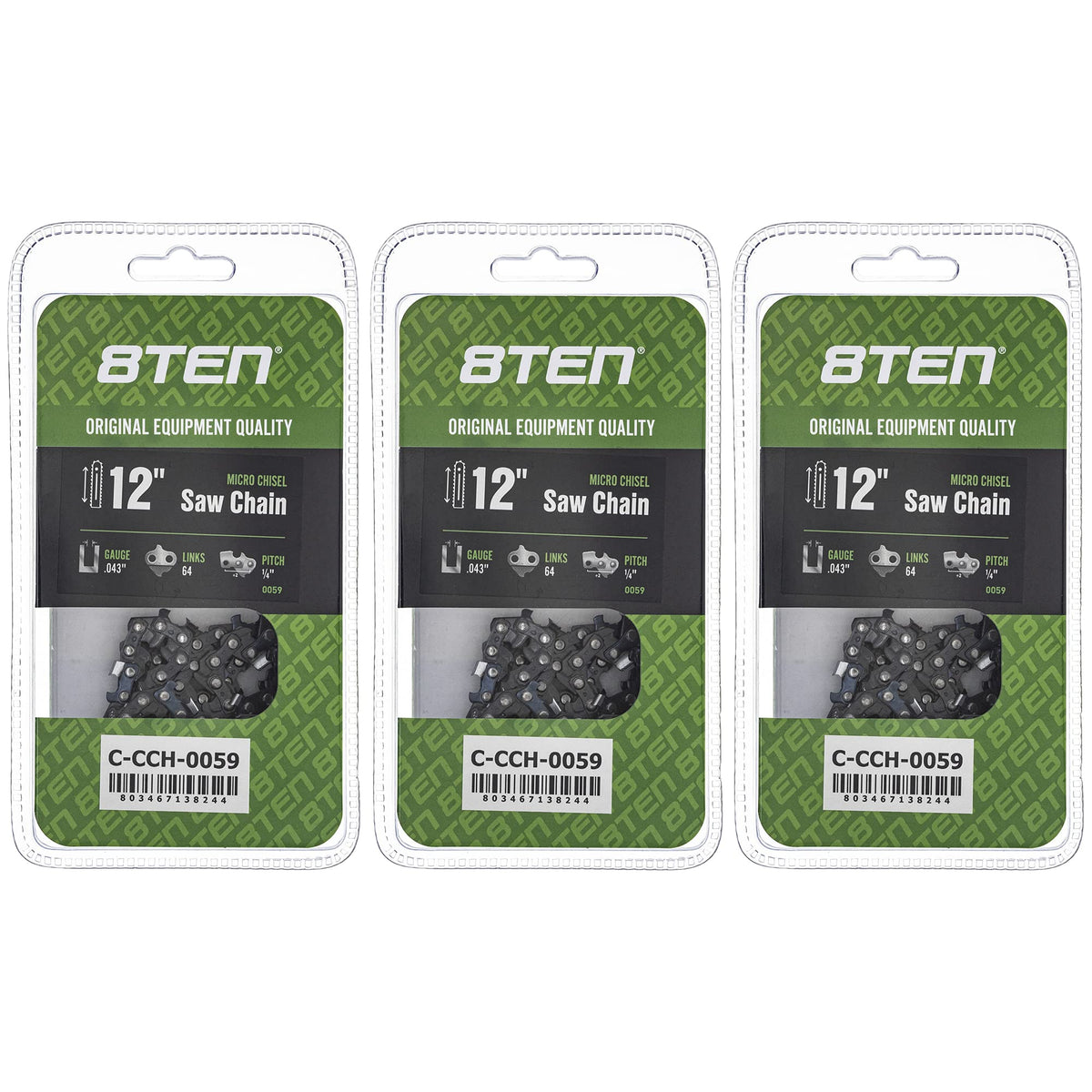 8TEN front packaging showing three 12-inch chains and product label for quick identification and convenience