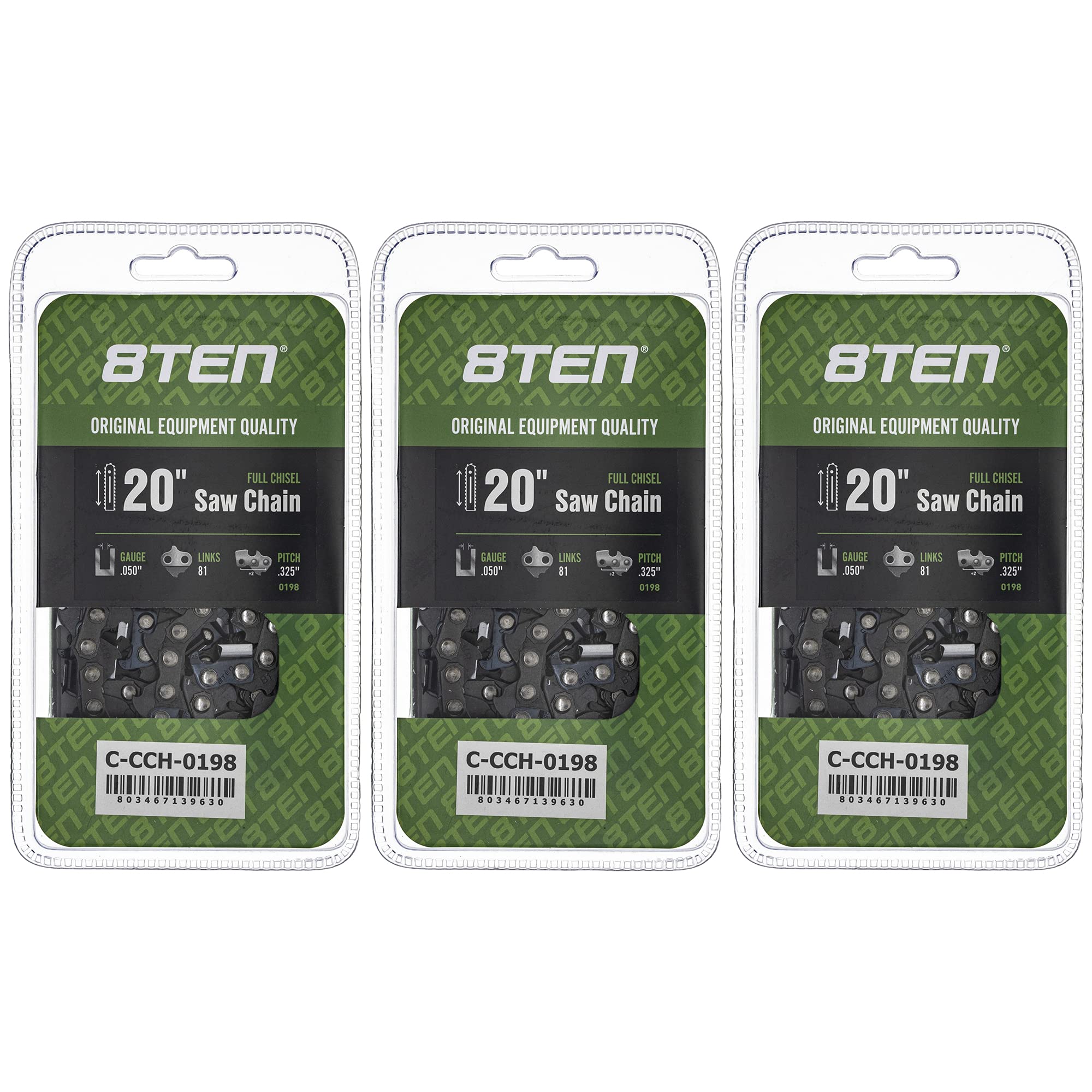 8TEN front packaging showing three 20 inch chains and benefits of spare supply