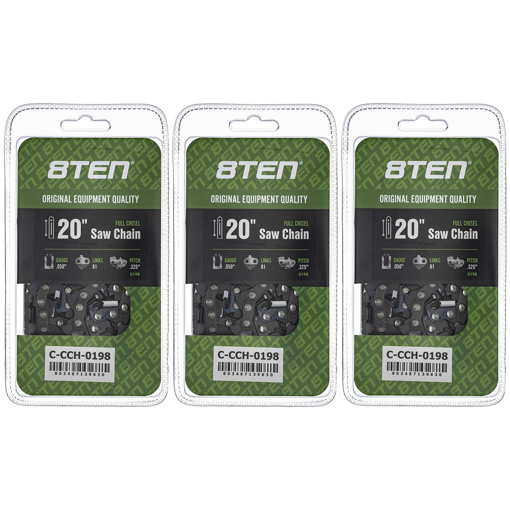 8TEN front packaging showing three 20 inch chains and benefits of spare supply