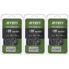 8TEN front packaging showing three 20 inch chains and benefits of spare supply