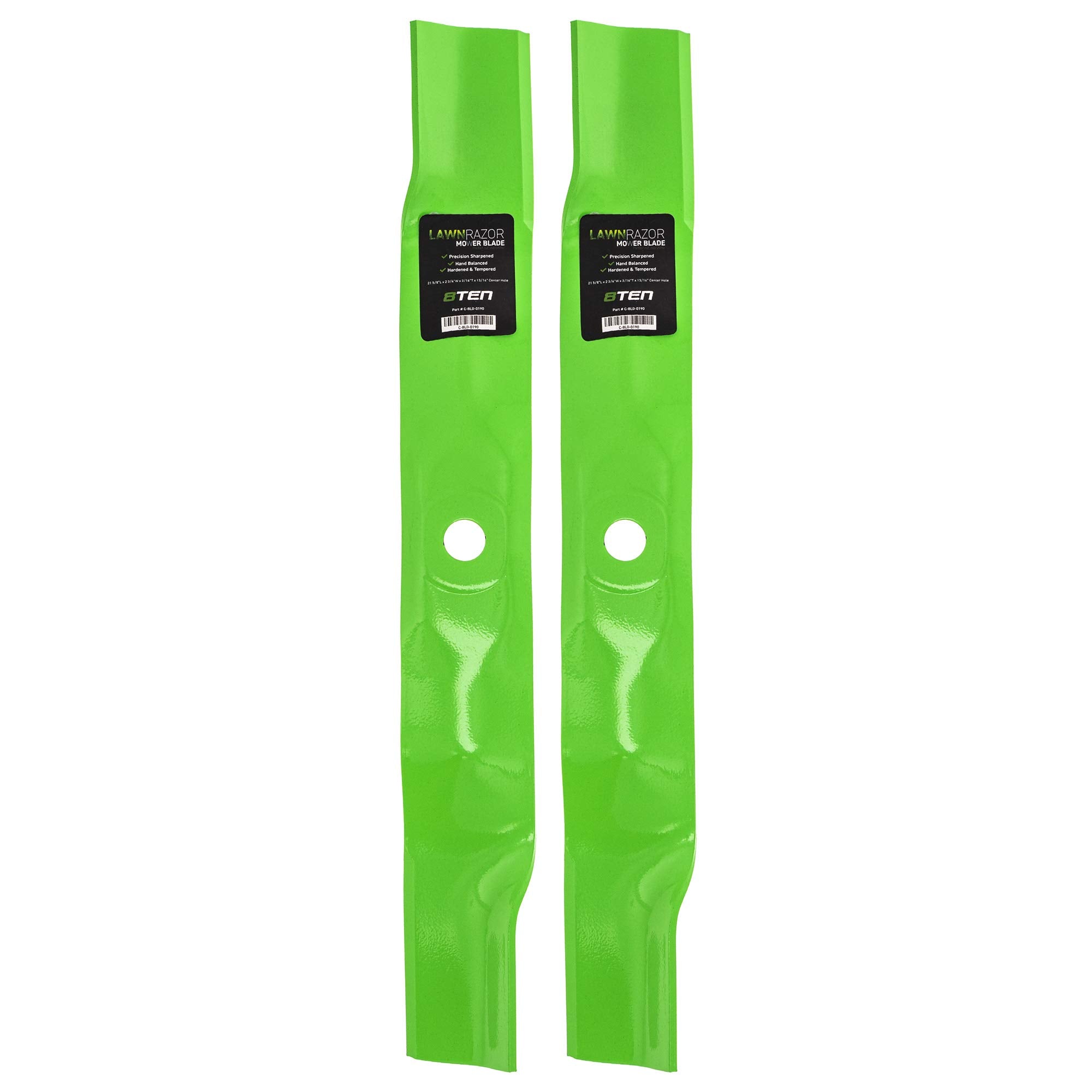 8TEN front view of two LawnRAZOR blades showing fit and finish benefits