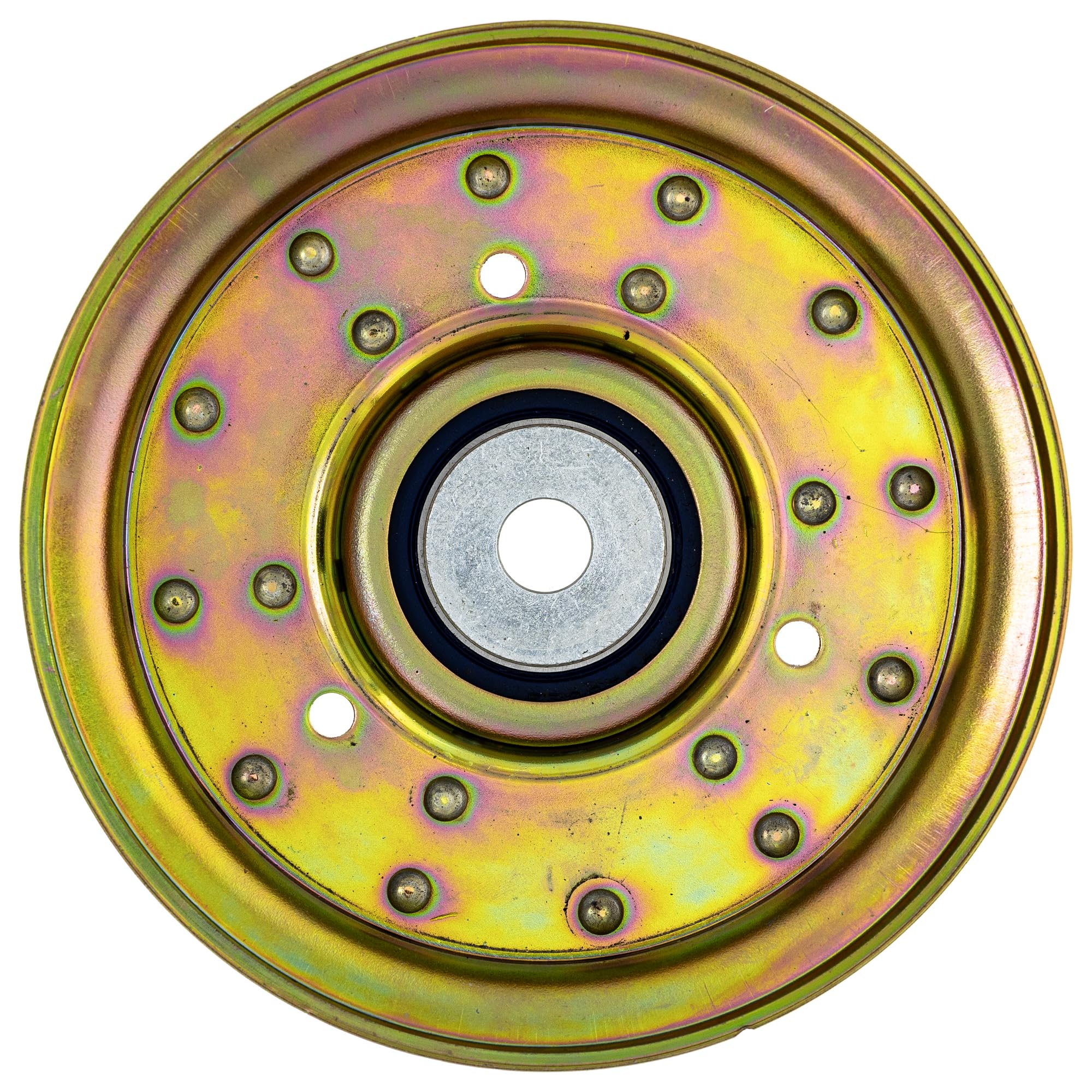 8TEN idler pulley mounted on mower deck demonstrating proper alignment