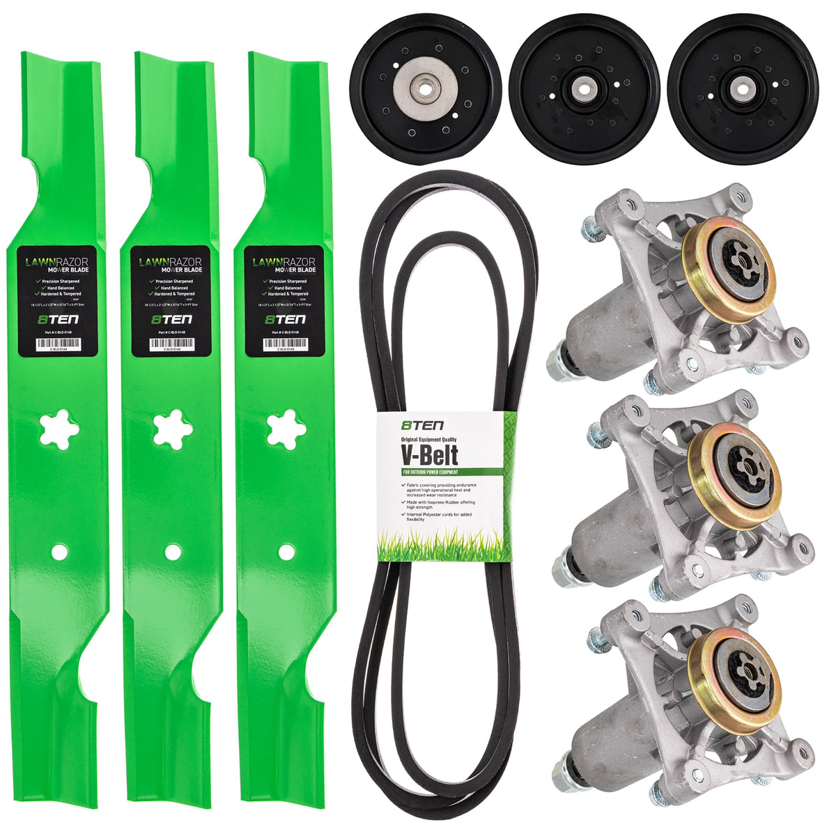 8TEN kit front packaging showing included mower deck replacement parts and fitment benefits