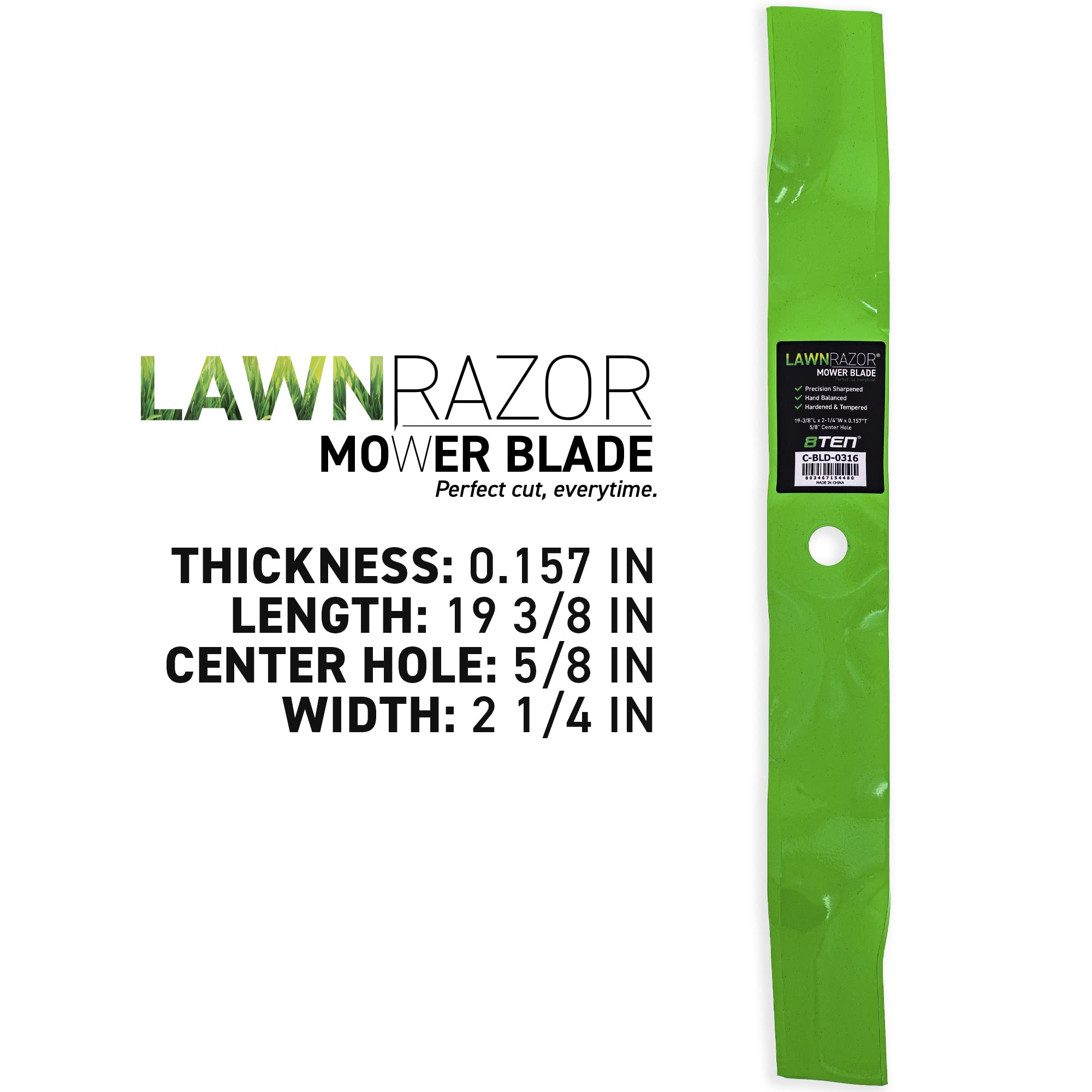 8TEN blade profile close-up displaying length and curvature for improved mulching performance