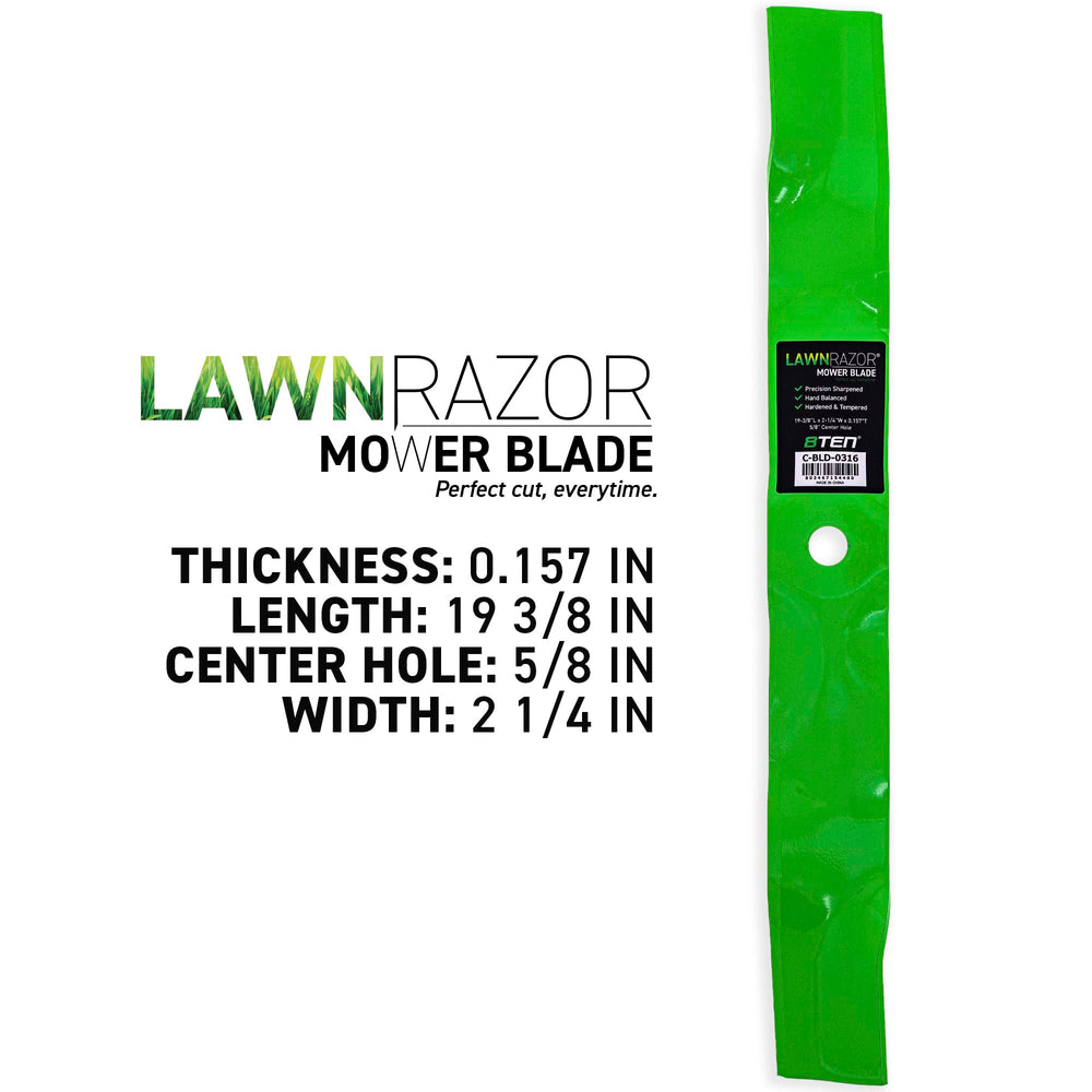 8TEN blade profile close-up displaying length and curvature for improved mulching performance