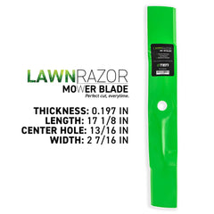 8TEN LawnRAZOR center hole detail matching John Deere mounting benefit