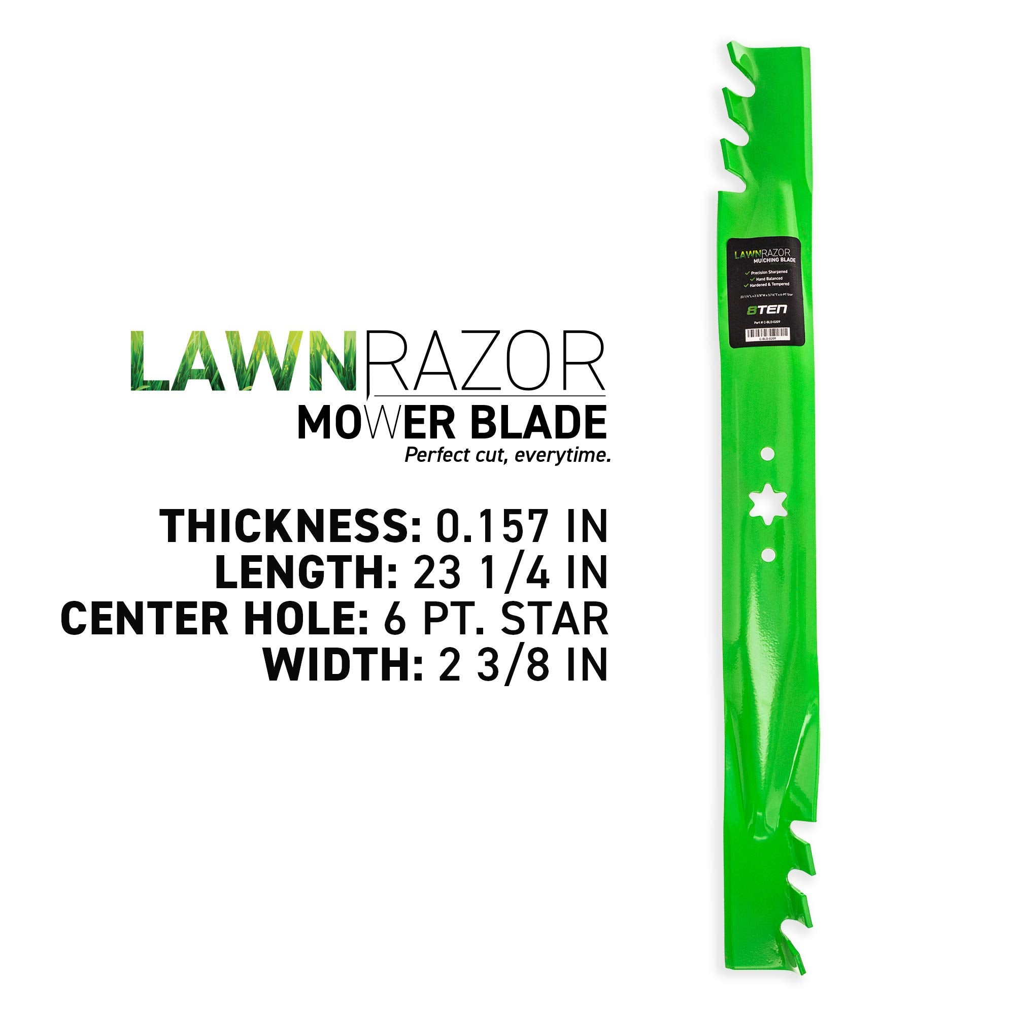 8TEN LawnRAZOR detailed 6-point star center hole matching OEM spindle mounting