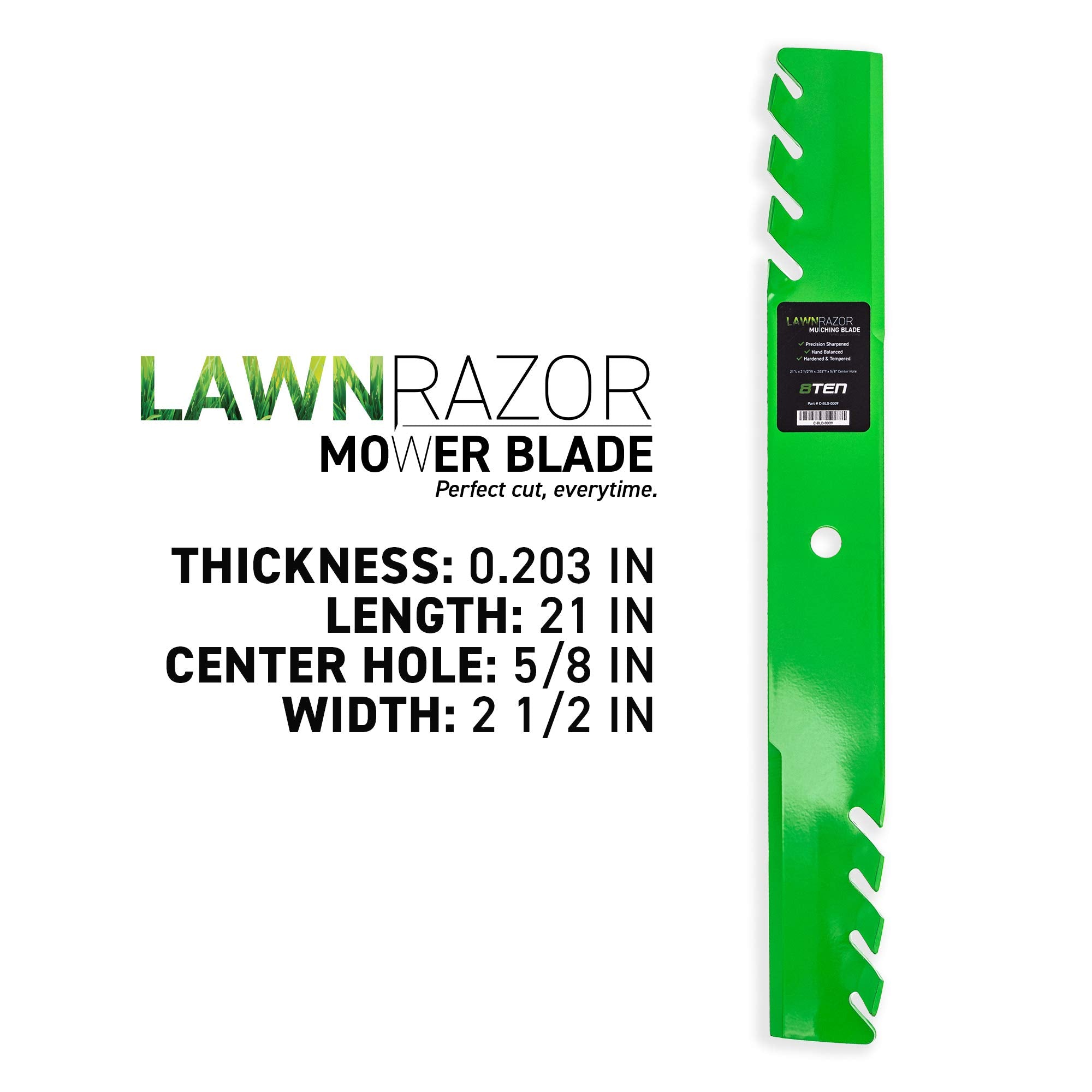 8TEN LawnRAZOR center hole close-up showing 5/8" fit for OEM spindle compatibility