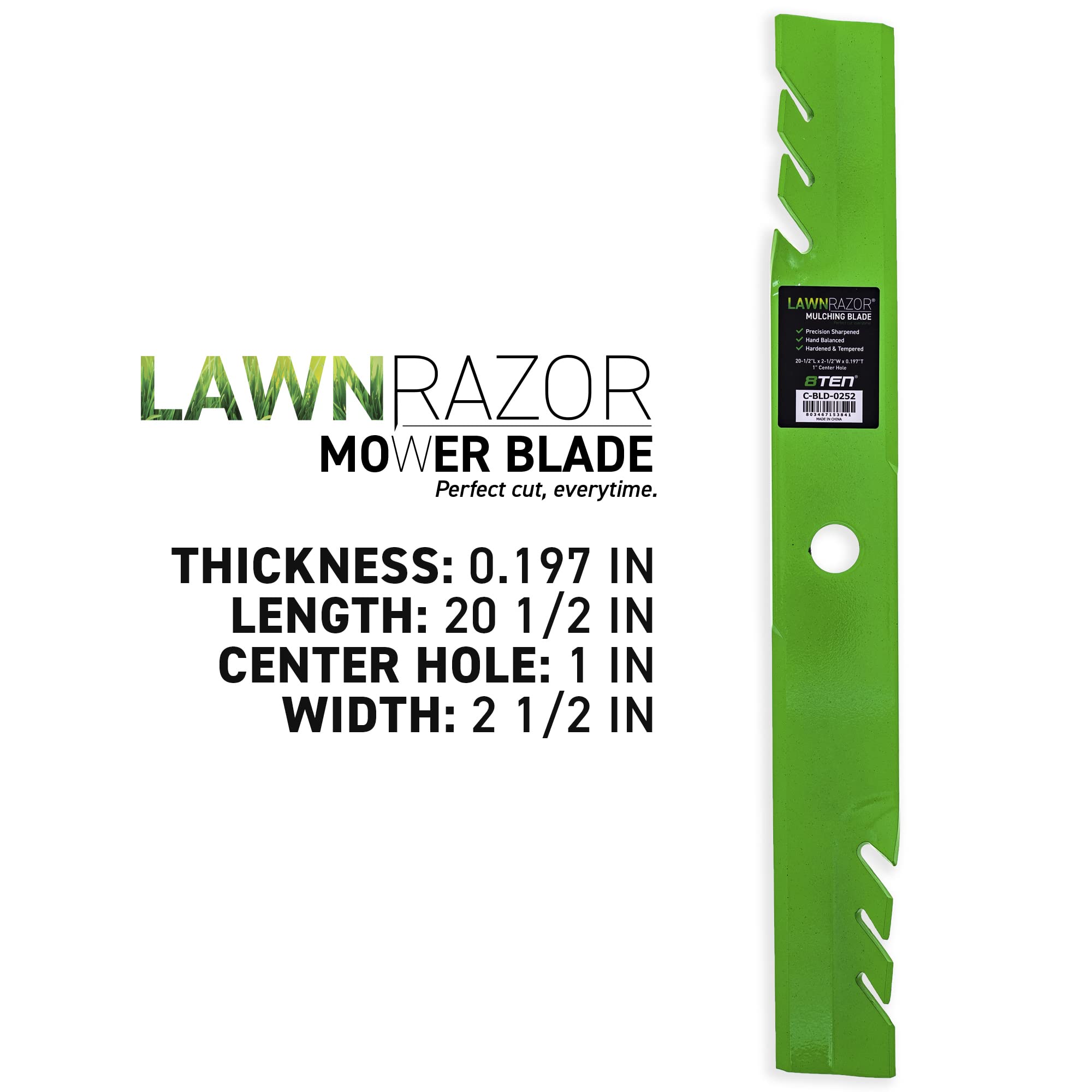 8TEN LawnRAZOR close-up of toothed mulching edge for finer clippings